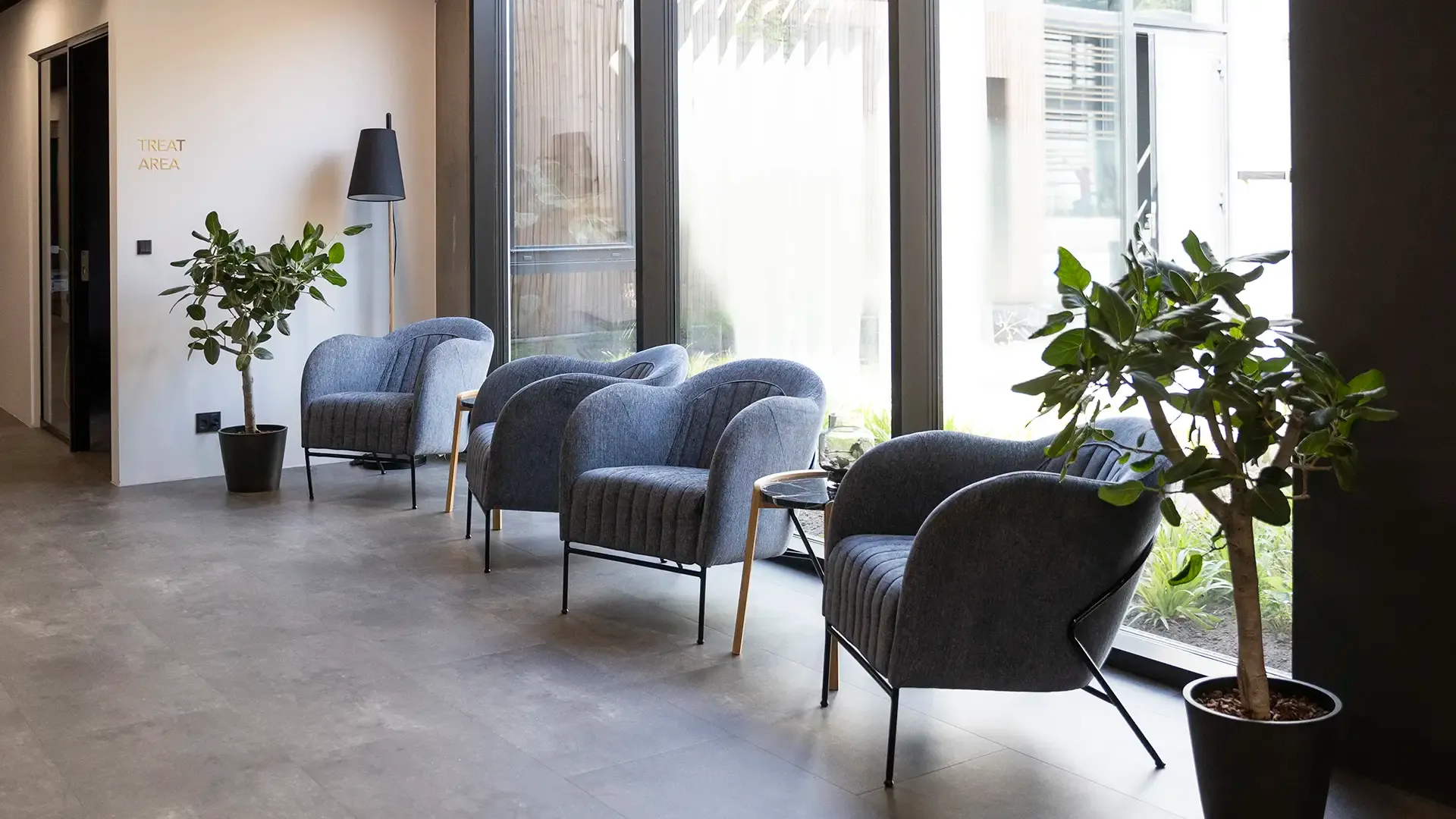 Waiting area furnished with upholstered lounge chairs and natural lighting, designed to offer a welcoming and calm clinic environment.