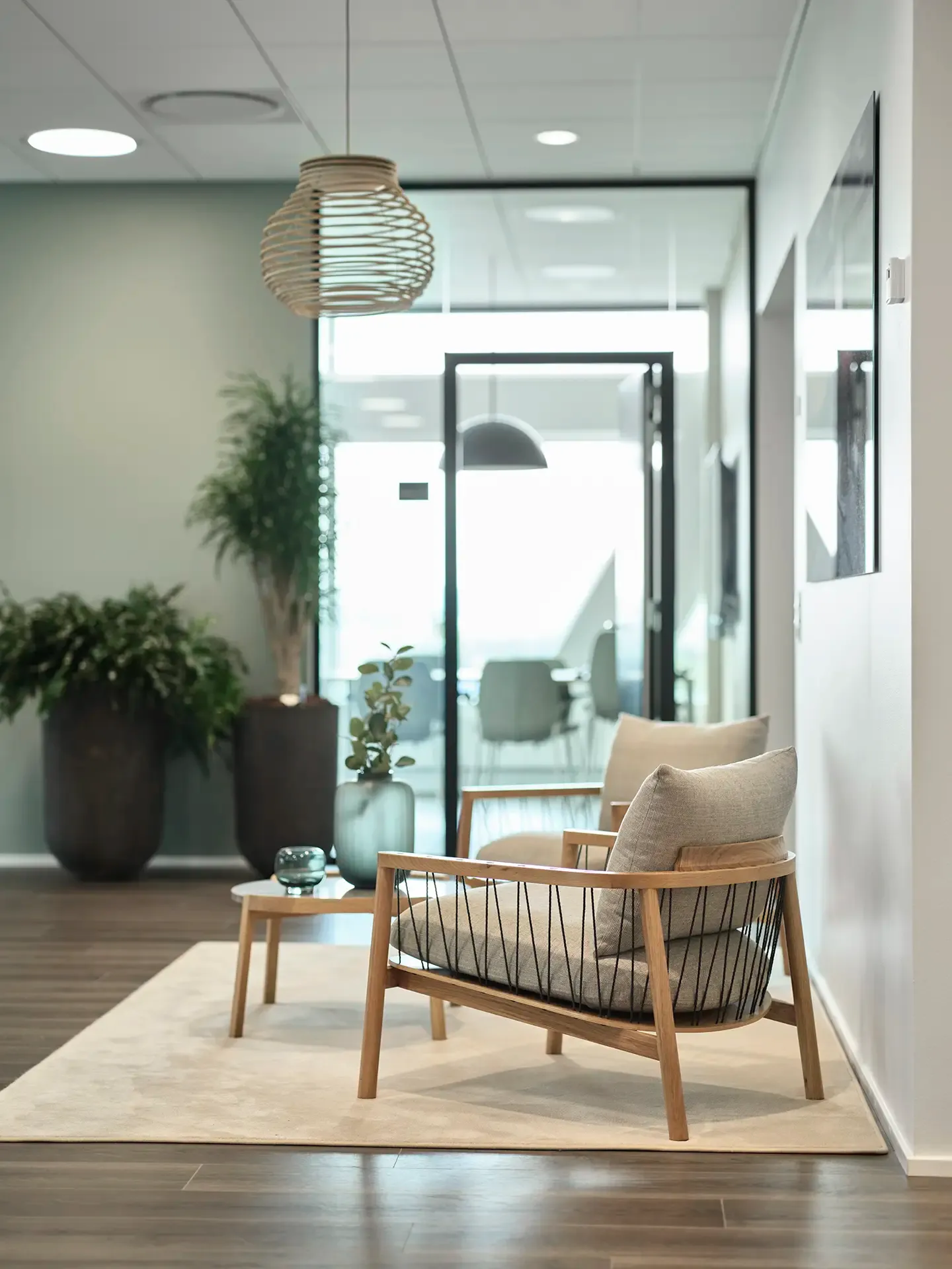 Minimalist office hallway area with Scandinavian-style wooden lounge chair and greenery, providing a calm and professional feel.