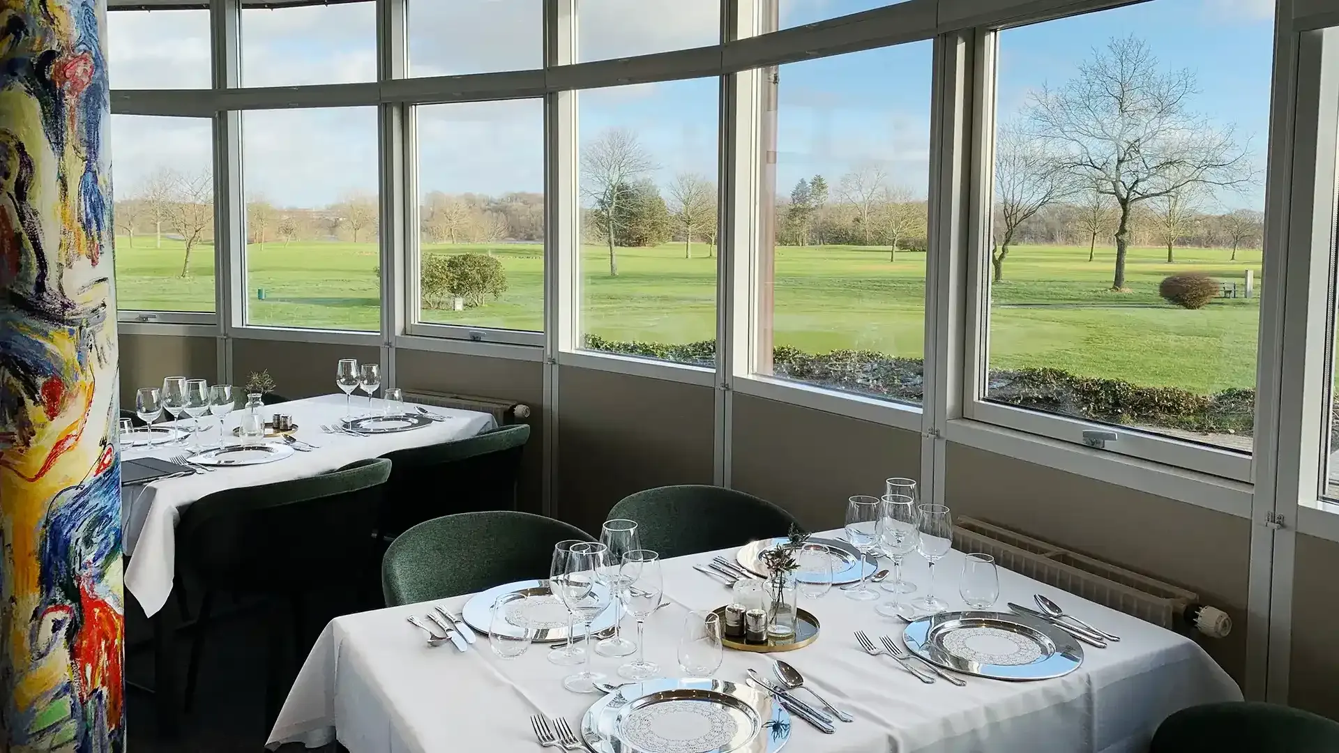 Elegant fine dining setup at a golf club restaurant