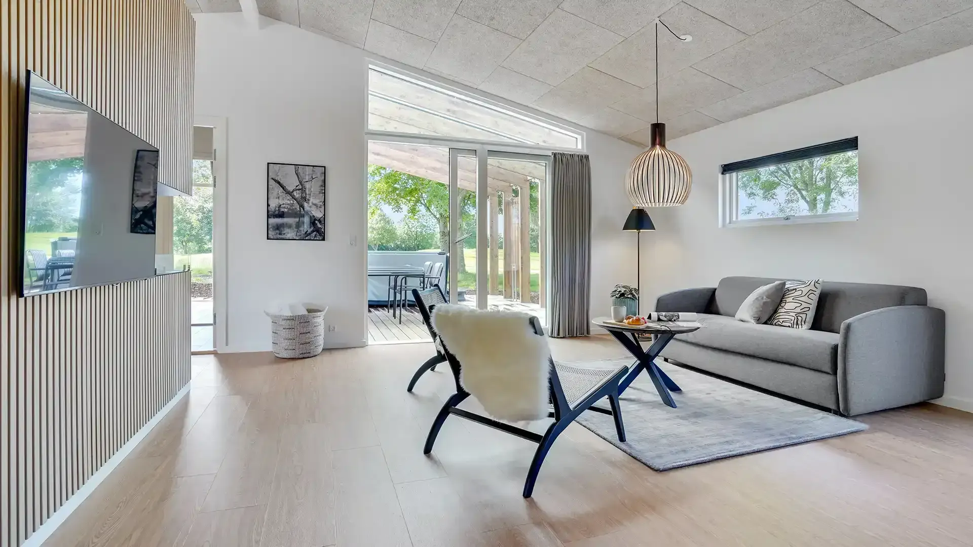 Scandinavian-style lounge with grey sofa and wood flooring