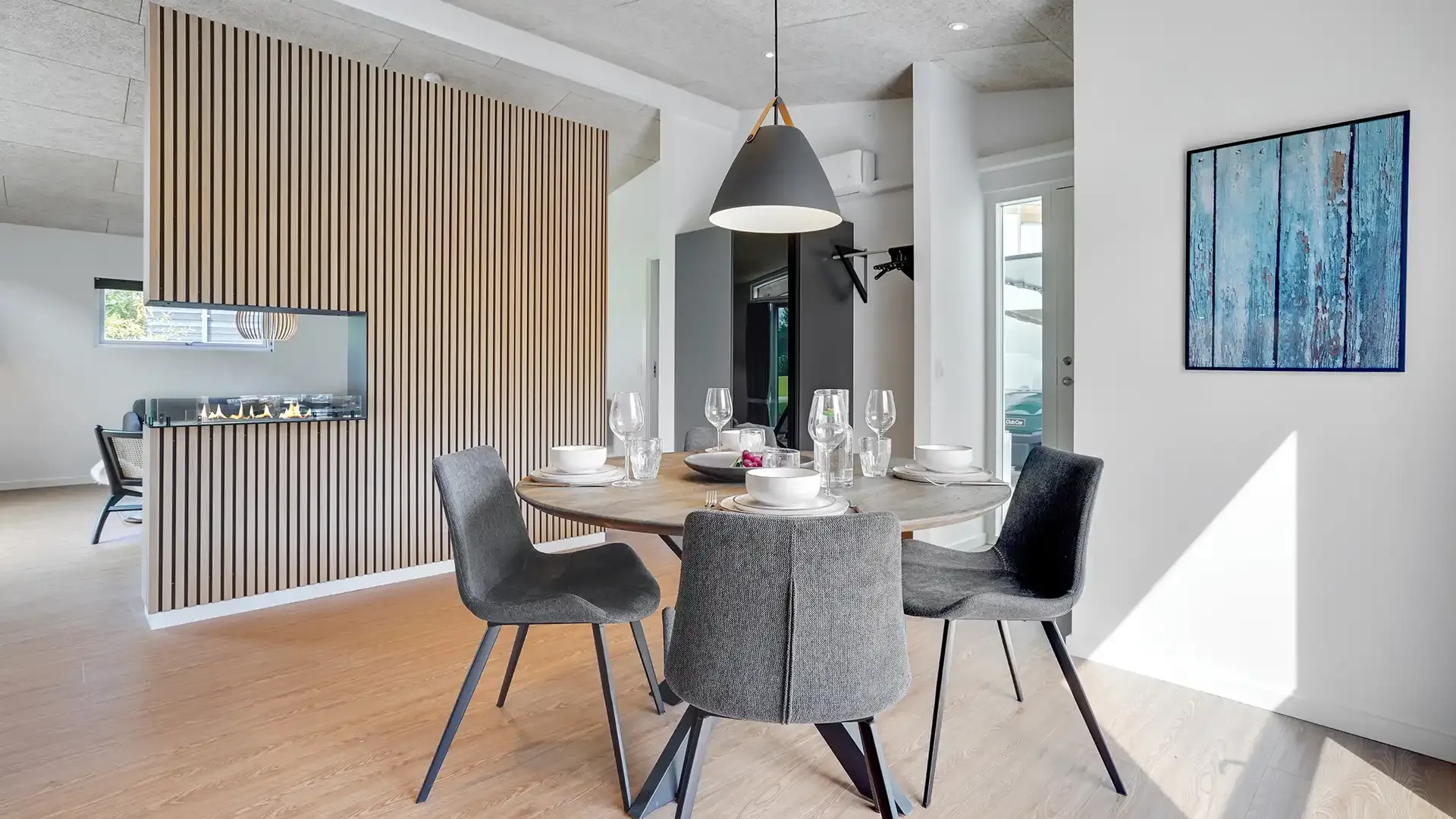 Modern furnishings in golf resort cabin interior