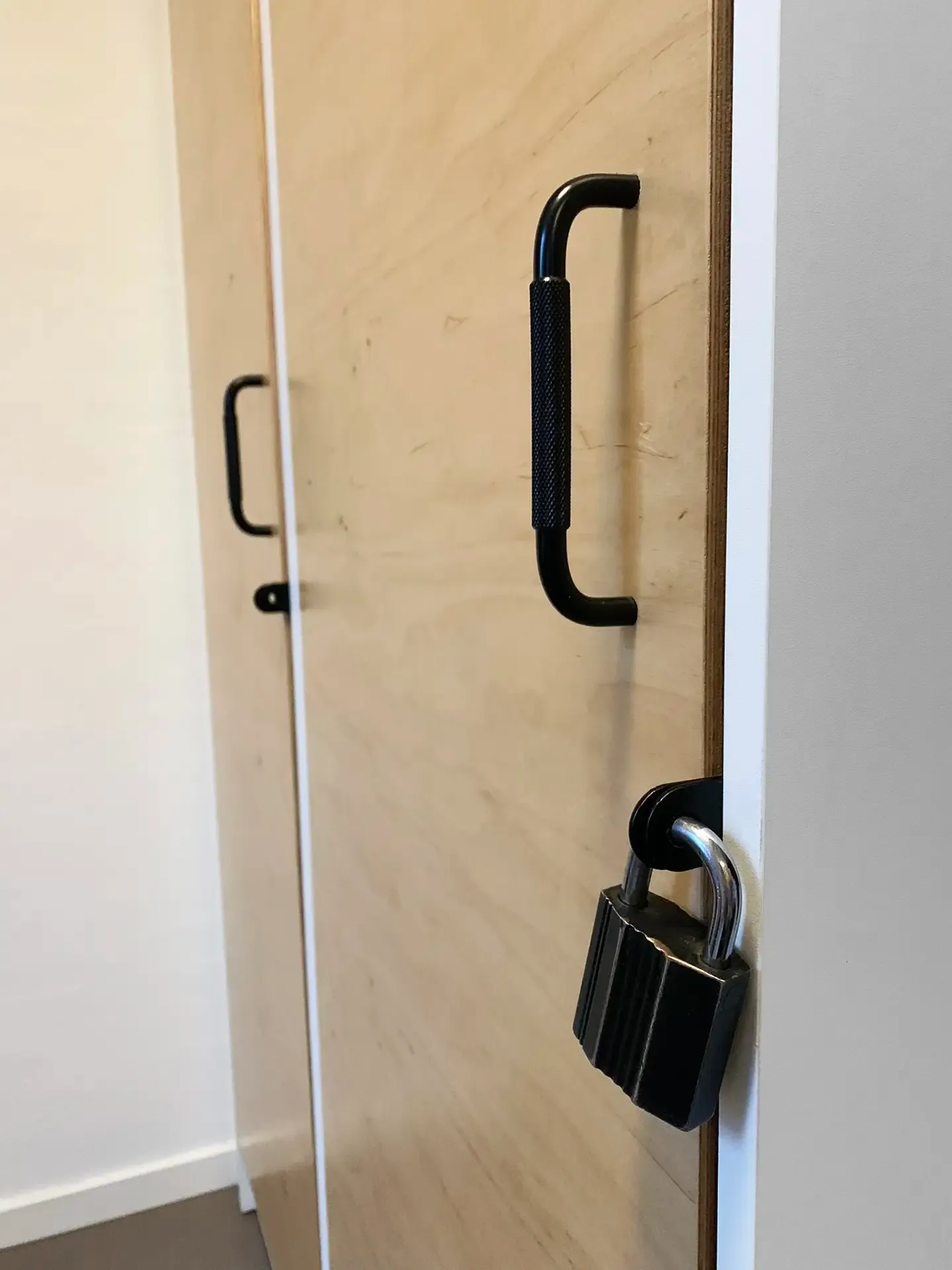 Close-up of locker door with padlock-ready handle, highlighting practical security features for school environments.