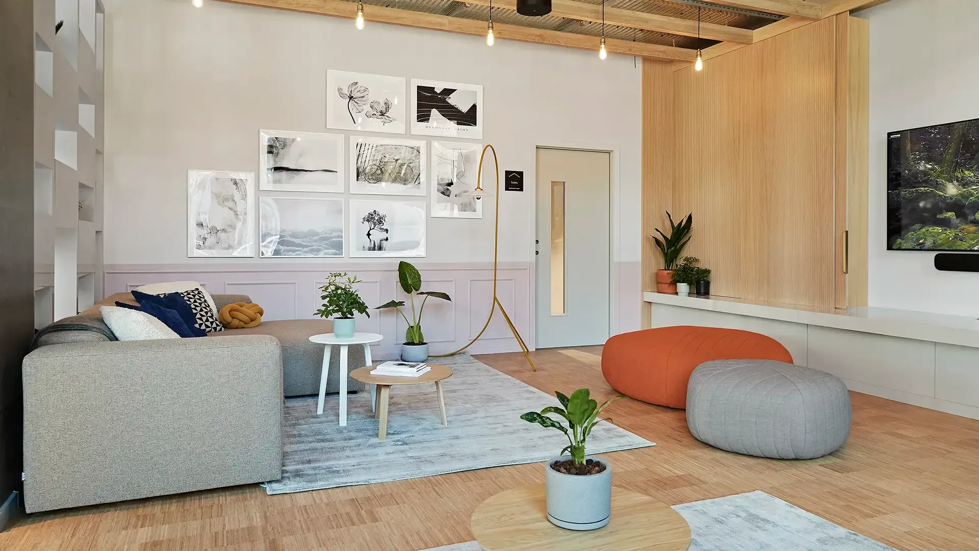 Modern student accommodations lounge interior design in soft tones and nordic design