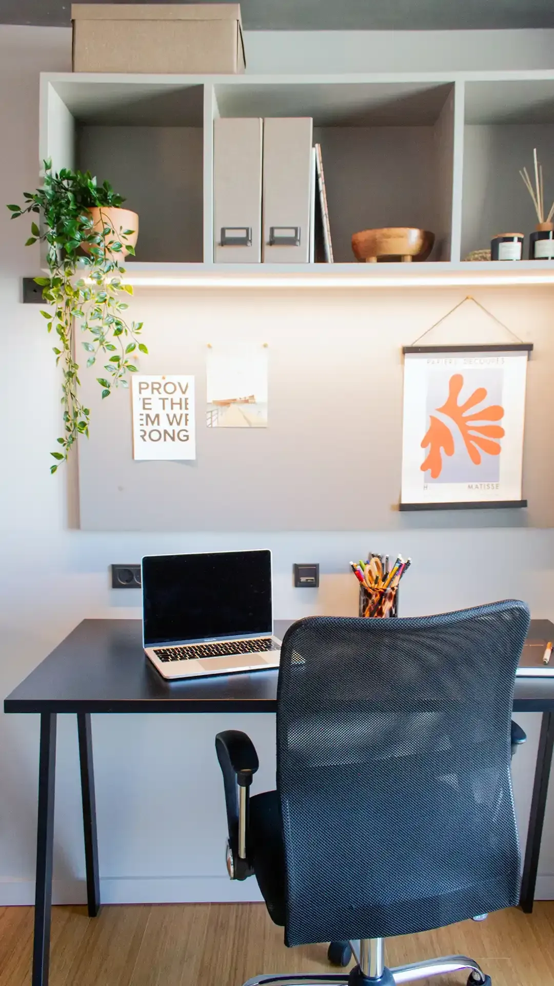 Student apartment interior design study area with desk and chair