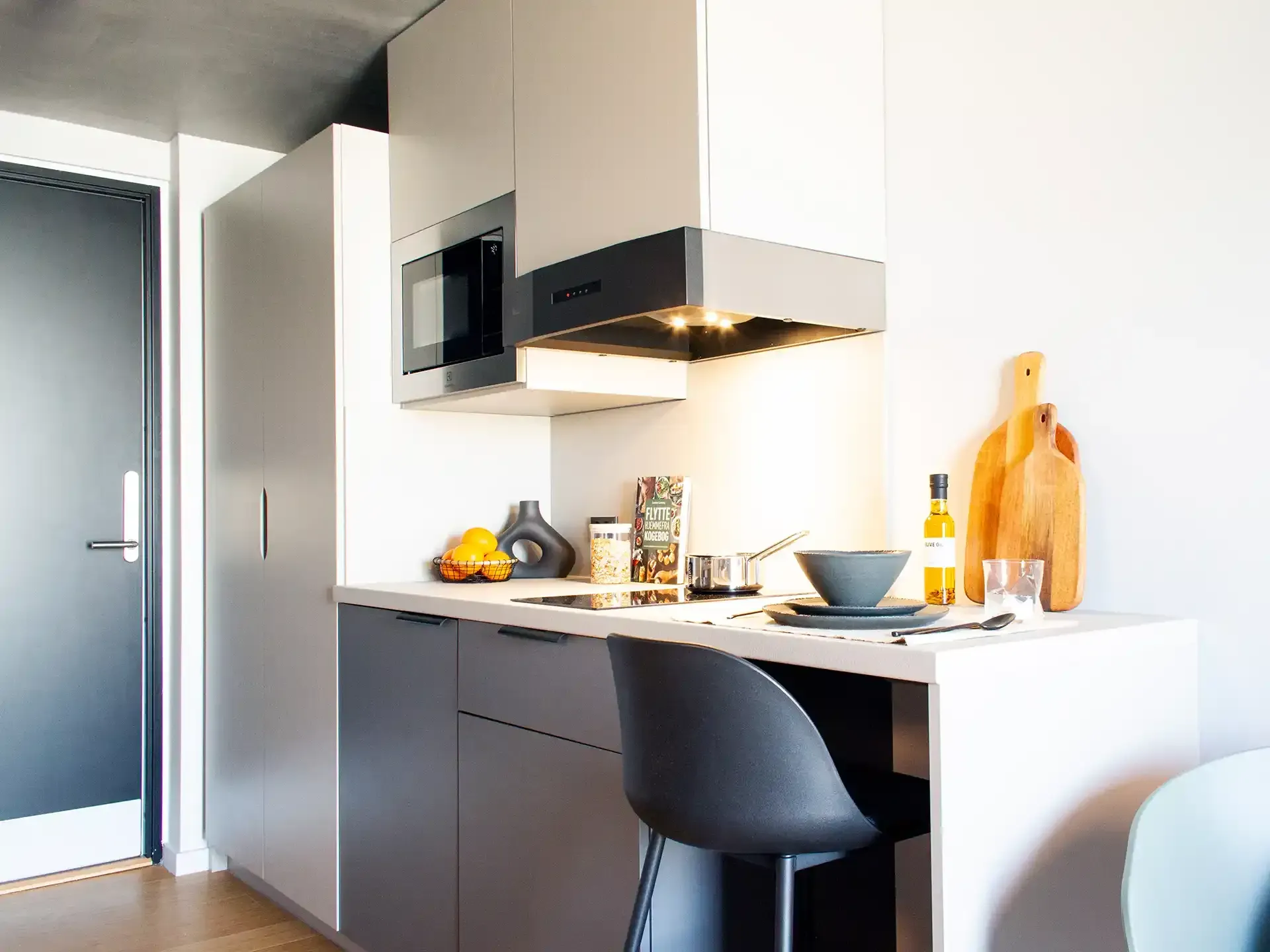 Student apartment compact kitchen with bespoke furniture nordic design