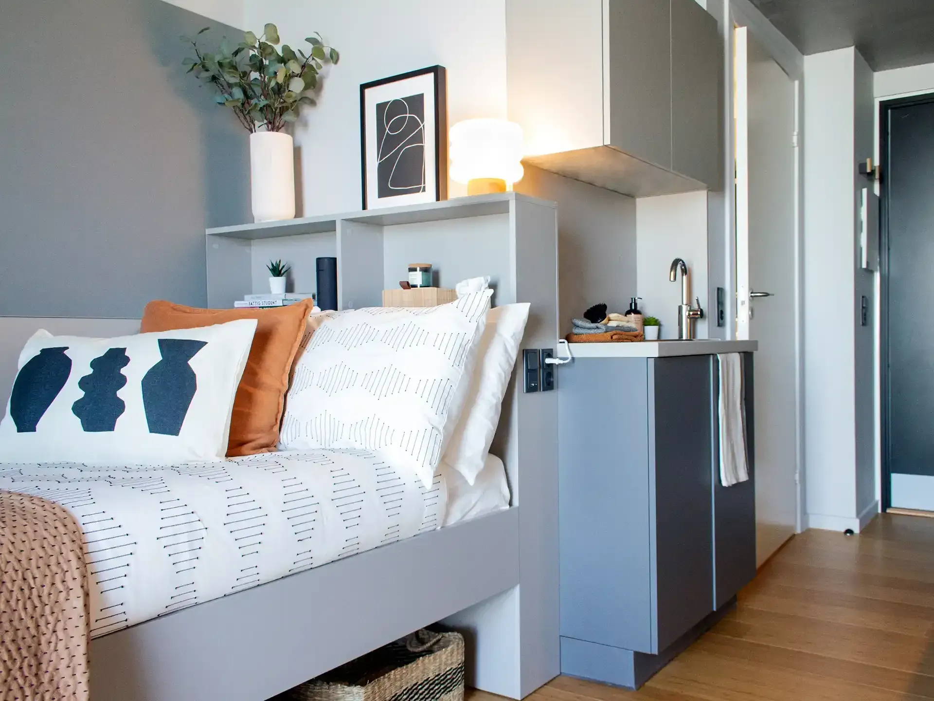 Student living custom made bed with storage and kitchenette. Scandinavian design.